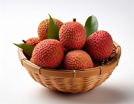litchis, corbeille, fruit, aliment, rouge, sain, isol&eacute;, frais, blanc, automnal, r&eacute;gime, organique, nature, osier, moisson, couleur, fra&icirc;cheur, juteuse, v&eacute;g&eacute;tarien, d&eacute;licieux, agriculture