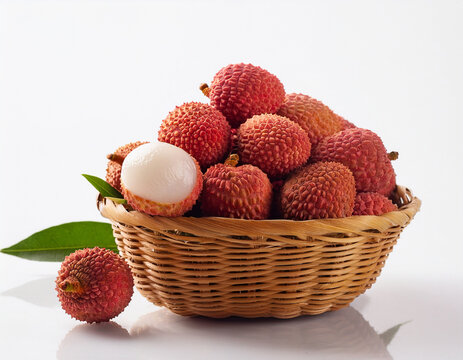 litchis, corbeille, fruit, aliment, rouge, sain, isol&eacute;, frais, blanc, automnal, r&eacute;gime, organique, nature, osier, moisson, couleur, fra&icirc;cheur, juteuse, v&eacute;g&eacute;tarien, d&eacute;licieux, agriculture