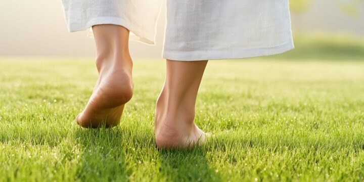 Barefoot woman walking on lush green grass in morning sunlight