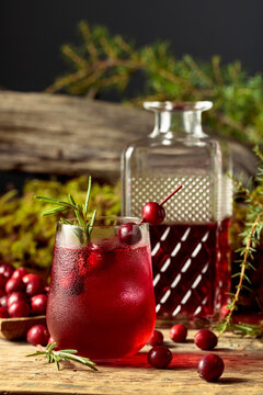 Cranberry cocktail with natural ice and rosemary in frozen glass.