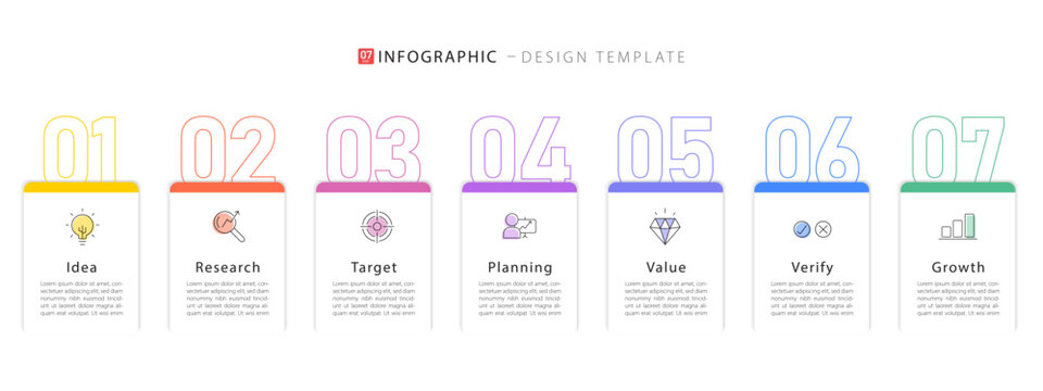 Business infographic template. 7 Step timeline journey. Process diagram, 7 options on white background, Infograph elements, technology, education, modern vector illustration.