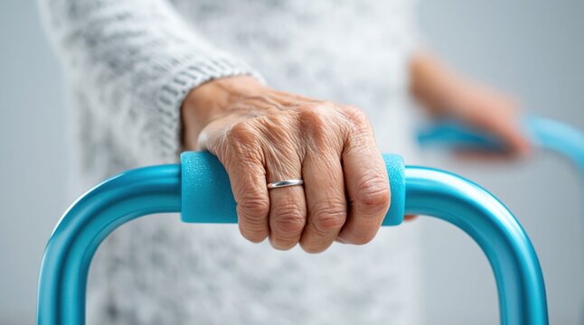 Close-up of an elderly person's wrinkled hand gripping a walker for support
