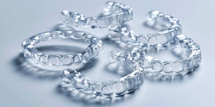 Clear aligners for teeth straightening arranged on a clean white surface