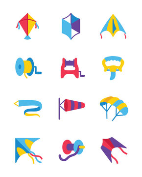Collection of colorful kites and kite accessories.