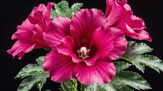 Vibrant fuchsia hibiscus flower in full bloom with water droplets on its petals, set against a dark background, showcasing intricate details of nature's beauty