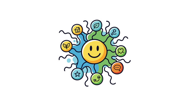 Happy Face Emoji Connecting with Diverse Icons in a Radiating Social Network on Bright Studio Background