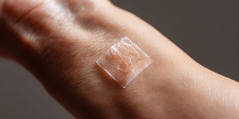 Fototapeta premium Close-up macro shot of a transparent square bandage applied to human skin on the wrist