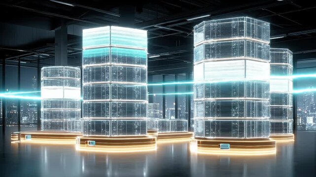 Seamless loop data integrity towers animation, futuristic system monitoring background.