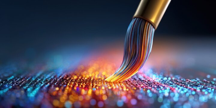 Abstract digital paintbrush creating vibrant glowing data streams on a dark background