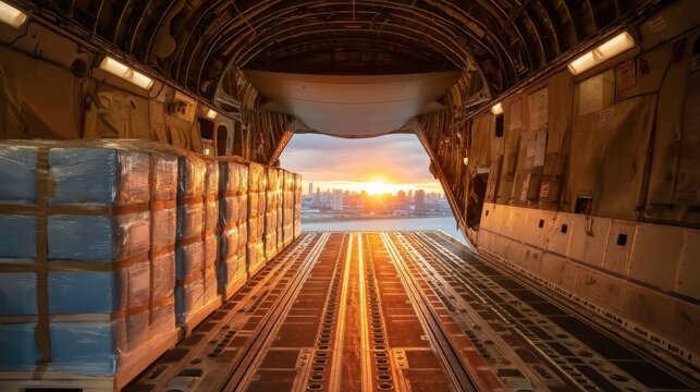 Warm Sunset View from Inside a Large Cargo Aircraft with Stacked Pallets and Scenic City Background
