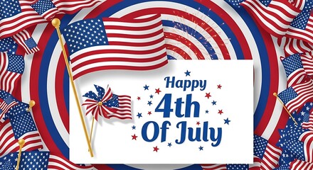 Obraz premium Happy 4th of july celebration with american flags and patriotic stars on white background