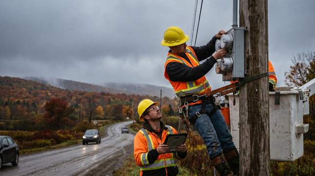 Lineworkers in yellow hard hats mounting a compact smart meter array on a wooden utility pole along a rural mountain road, overcast sky pres