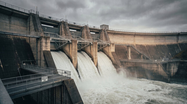 Massive concrete spillway gates of an operational hydroelectric dam releasing controlled white water against an overcast dramatic sky, wide