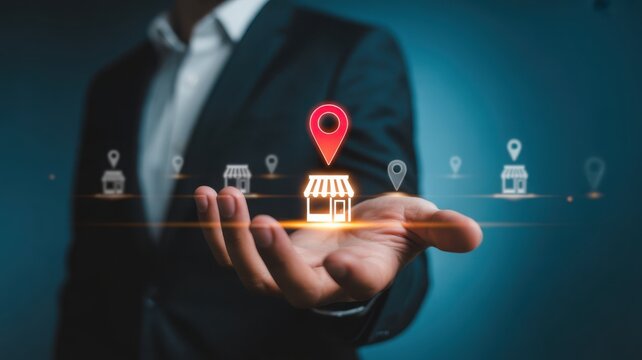 Business man holding virtual store icon and location pin