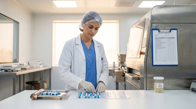 Pharmaceutical blister-packing technician manually loading a tray of capsules into a thermoformed cavity sheet before feeding it into a seal