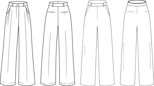 Wide leg pants technical drawing set, front and back views, high waist trousers template, fashion apparel outline &ndash; vector illustration