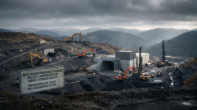 Wide establishing view of a former coal mine site in Appalachia being transformed into a compressed air energy storage cavern facility, eart
