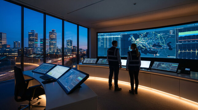 Wide establishing view of a modern substation control room at blue hour, banks of touchscreen monitors displaying real-time power flow maps