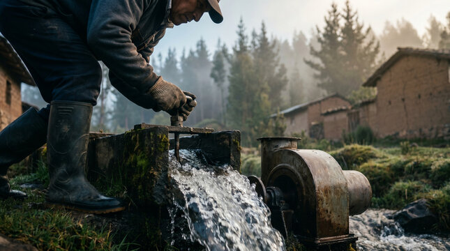 A small wooden penstock channels a rushing mountain stream into a compact turbine housing in a remote Andean village at early morning mist,