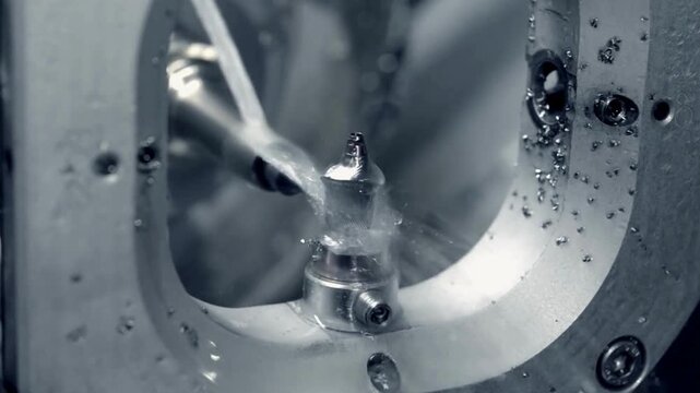 Precision Machining - Close-up of a CNC machine crafting a metal component with coolant spray.