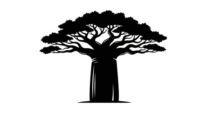 Black silhouette of an iconic baobab tree against a white background.