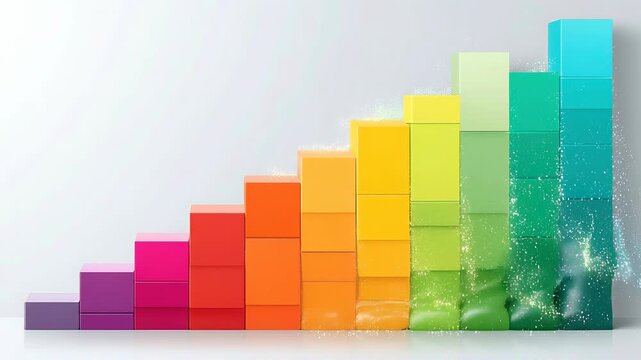 Seamless loop growth bar chart animation, colorful business performance scaling background.