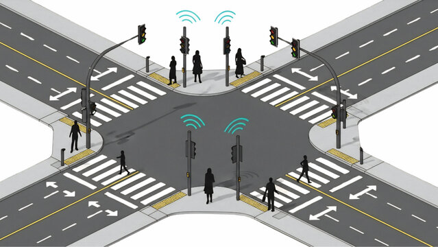 Isometric Smart City Intersection System with Adaptive Traffic Signals CAD Vector