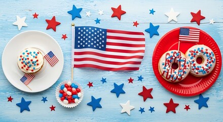 Obraz premium Patriotic celebration with donuts, candy, and american flags on a blue wooden table with red, white, and blue stars