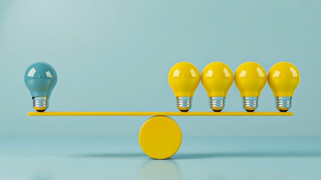 Balance concept with one blue bulb and multiple yellow bulbs on seesaw representing leadership inequality and idea comparison