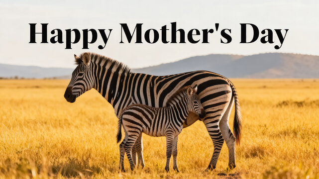 A Mother's Day greeting scene featuring an adult zebra and her nursing foal standing in a golden savanna grassland under a soft twilight sky.