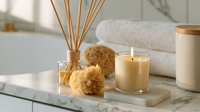 Reed diffuser with a candle and sponges in a bright bathroom