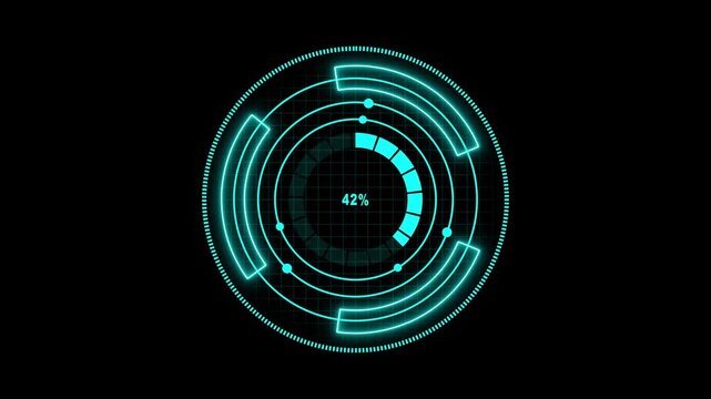 Progress indicator animation with cyan circle. Progress indicator twenty four percent loading. Progress indicator digital interface graphic on black.