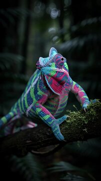 Colorful chameleon perched on a mossy branch in a lush forest environment.
