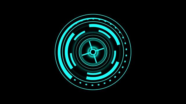 Target reticle animation with cyan digital lines. Target reticle futuristic aiming scope. Target reticle technology interface graphic on black.