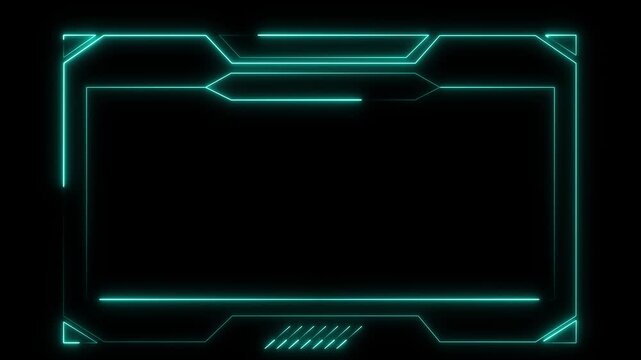 Neon frame animation with cyan geometric border. Neon frame digital interface element. Neon frame technology border graphic on black background.
