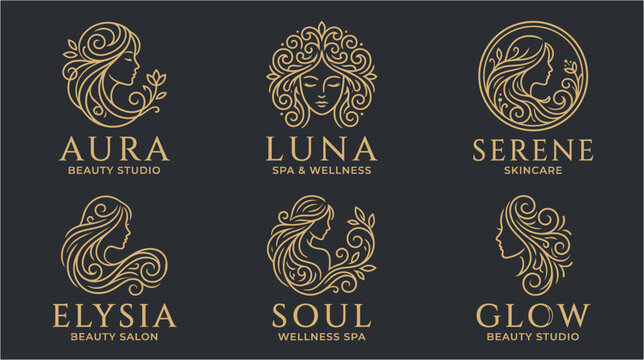 Six elegant golden line art logos featuring stylized female profiles and faces, adorned with floral elements, suitable for beauty studios, spas, and wellness brands.