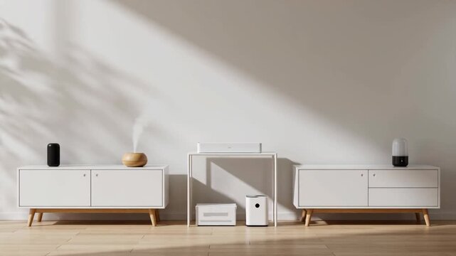 Minimalist living room featuring modern white cabinet, wooden floor, and essential oil diffuser creating calm, stylish, and clean atmosphere with