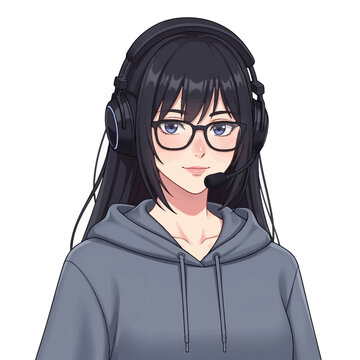 Anime girl with long black hair and glasses wearing a grey hoodie and a professional gaming headset with microphone, digital manga style illustration isolated on white background.
