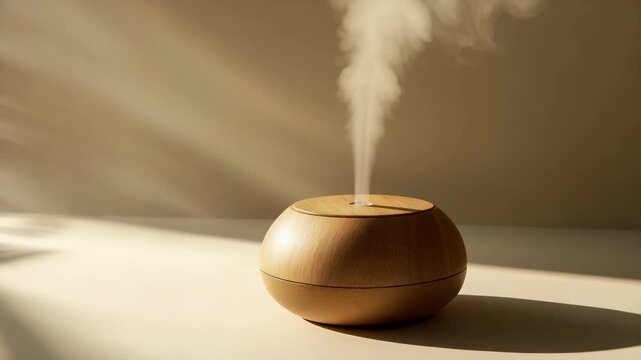 Aromatic wooden diffuser releasing mist in soft natural light creating calm minimalist atmosphere with ample negative space and warm aroma mist
