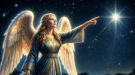 Naklejka premium angel woman pointing bright shining star dark night sky offering spiritual guidance