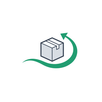 Cardboard Box with Green Curving Upward Arrow, representing Product Return or Re-Shipping, isolated white background.