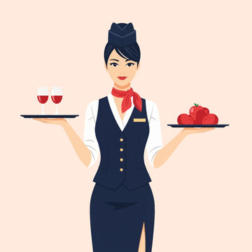Flat vector illustration of a female flight attendant in a navy blue uniform, red neck scarf and pillbox hat, holding serving trays with red wine glasses and fresh red fruit.