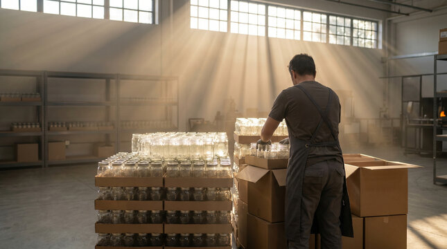Sustainable glass jar production technician stacking inspected empty mason jars into recycled cardboard shipping cartons in a small regional 2
