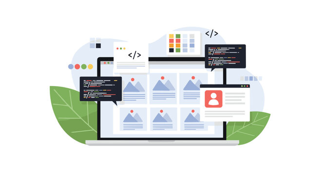 Web development and design process on a laptop screen featuring code snippets, color palettes, and image layouts for websites.