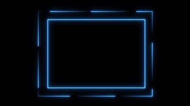 Neon frame animation with blue rectangular border. Neon frame abstract digital element. Neon frame technology border graphic on black background.