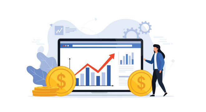 Financial growth analysis on a monitor features an upward red arrow, bar charts, and large gold dollar coins for wealth.