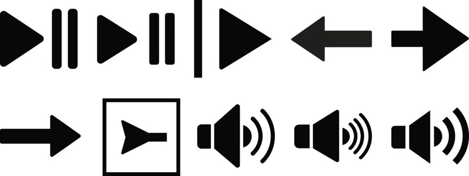 Media Player and Audio Control Icons Set with Play, Pause, Skip, Volume Symbols