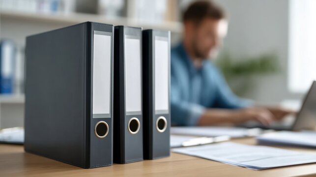 Three Black Ring Binders on a Desk with an Office Background Featuring a Blurred Person Working on a Laptop