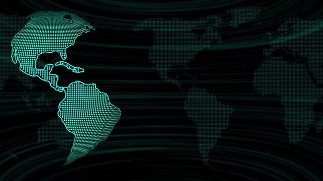 Dotted globe animation with teal digital lines. Dotted globe global network map. Dotted globe technology communication graphic on black background.