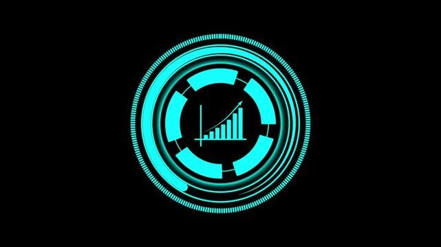 Circular hud animation with financial bar chart. Circular hud futuristic data display. Circular hud business analytics graphic on black background.